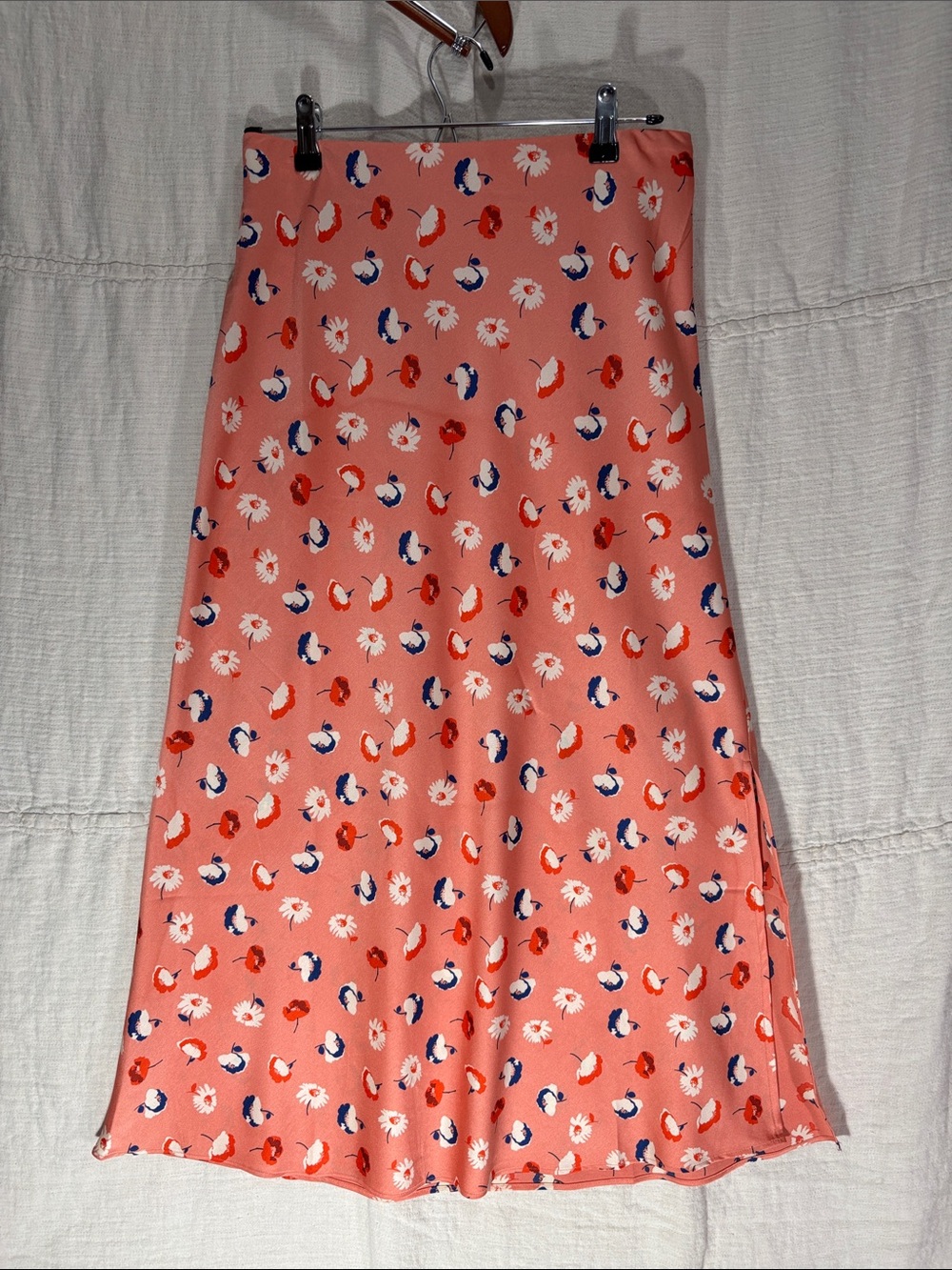 LOFT Daisy Floral Print Satin Slip Maxi Skirt Coral Pink Like New